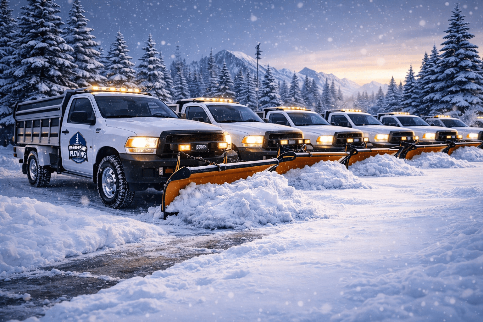Fleet of plowing vehicles on ice